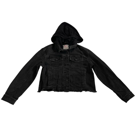 Justice Denim Hooded Jean Jacket Raw Hem Pockets Stretch Size 12 - Picture 1 of 7